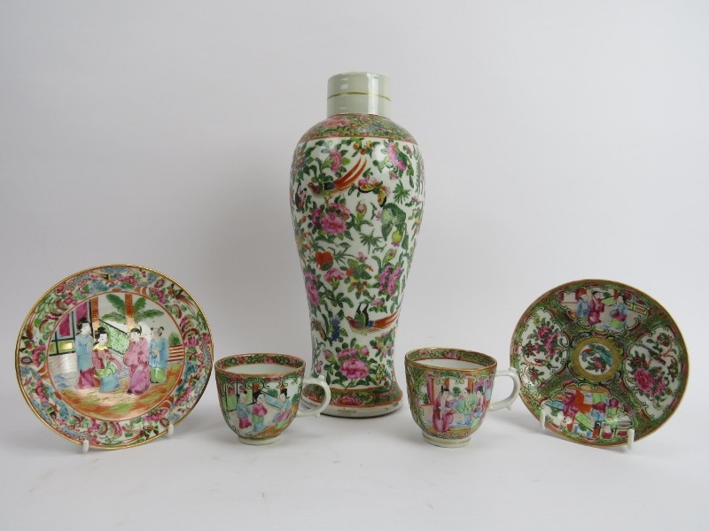 A group of Chinese Export Famille Rose items, 19th century. Comprising a large Rose Canton vase, two