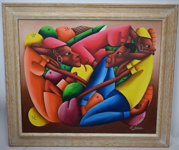 Jean Bruno Louisius (Haiti, b.1952) - 'Figures and Fruits', oil on canvas, signed, 48cm x 58cm,