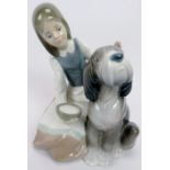 A Lladro porcelain group. Depicting a girl giving a bowl of water to a dog. 7.9 in (20 cm) height.