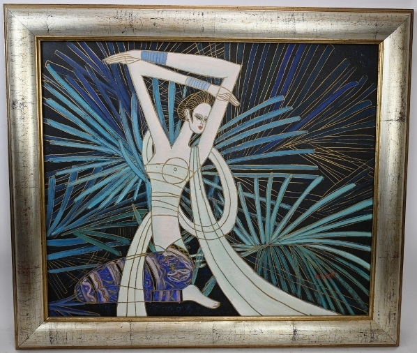 M. Lotts (20th century) - 'Semi-naked female dancer in the Art Deco taste', oil on canvas, signed,