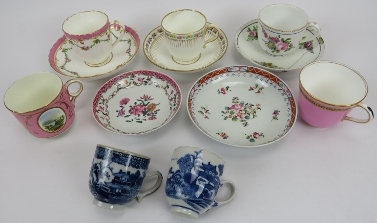 A collection of porcelain cups and saucers, 18th/19th century. (12 items). Condition report: