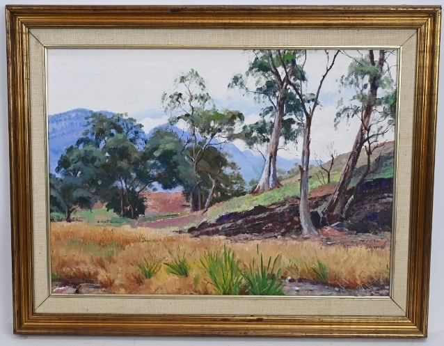 British School (20th century) - 'Country landscape with mountainous background', oil on board,