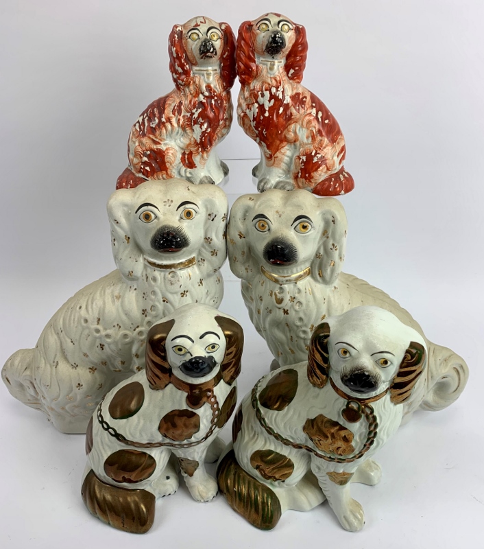 Two pairs of Staffordshire dogs and 2 two same. 19th century pair painted red, 16cm height,
