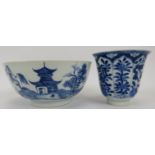 A Chinese blue and white porcelain cup and bowl, Qing dynasty. Flared form, painted in underglaze