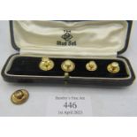 A cased set of four 18ct yellow gold dress studs (with one metal replacement), boxed. Approx gold