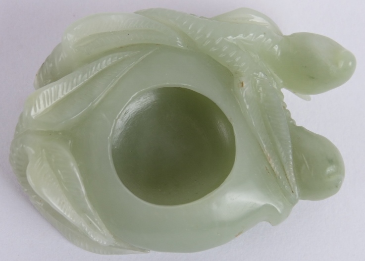 A Chinese carved celadon Jade brush washer, of leaf and stem form, Ming style but likely Qing, 7cm - Image 3 of 4