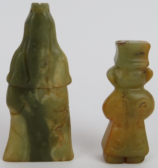 Two Chinese carved celadon and pale celadon striated figures of a Goddess, 8.5cm high, and male - Image 2 of 3
