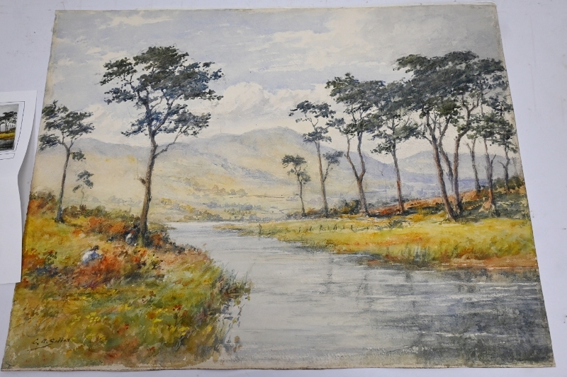 Charles Sellar (Scottish 1856 - 1926) - 'River landscape with mountainous background', - Image 2 of 9