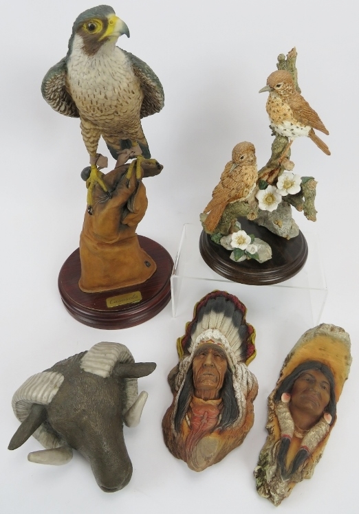 Five decorative resin sculptures. Comprising two limited edition Native American Indians by Neil