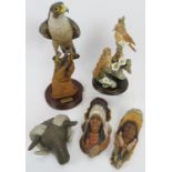 Five decorative resin sculptures. Comprising two limited edition Native American Indians by Neil
