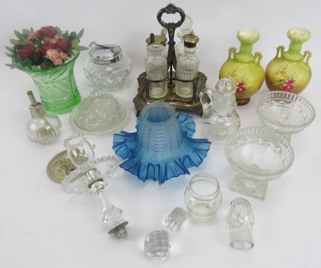 Moulded blue glass lamp shade, moulded glass dishes and bowls, silver plated cruet, pair vases, etc.