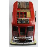 An original vintage Mills three drum one arm bandit slot machine. Red and cream with chrome