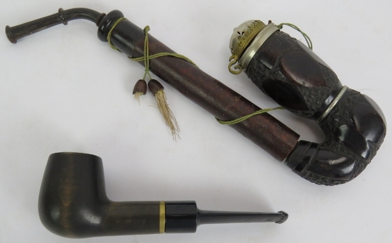 An ornate Edwardian mahogany pipe rack, a cast brass aesthetic movement pipe rack and two tobacco - Image 5 of 5