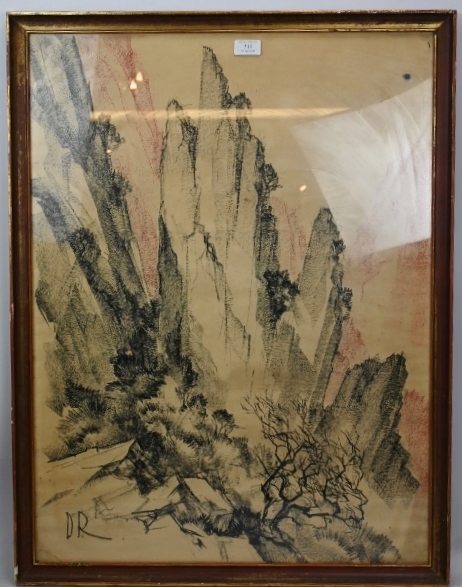 David Rawnsley (1909 - 1977) - 'Capri Cliffs', charcoal, signed with initials, personal
