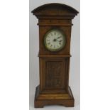 Miniature long case clock, walnut, traces of gilding to etched panel, not tested, 18cm height.