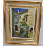 British School (20th century) - 'A Mediterranean narrow street scene', thick impasto oil on board,