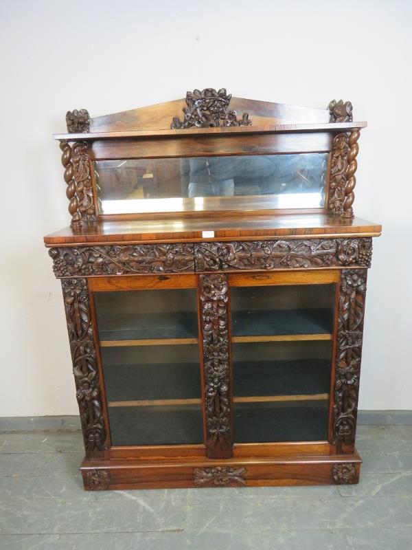 A good quality Victorian rosewood mirror-back chiffonier featuring barley-twist uprights and an