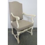 An antique style bleached oak open-sided armchair in the French taste, upholstered in grey