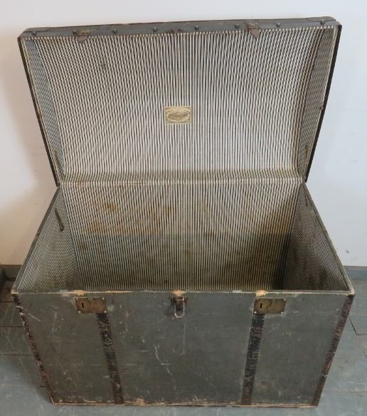 A large antique dome topped metal bound travelling trunk by Moritz Madler of Leipzig, on small brass - Image 3 of 5