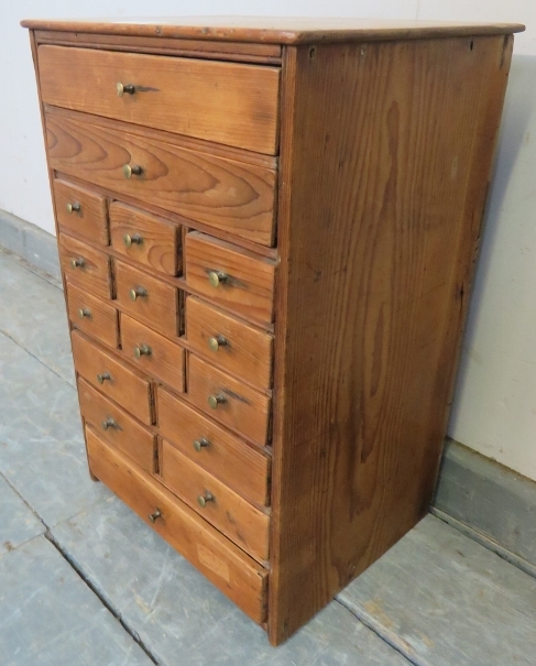 A diminutive antique pine tabletop collector’s cabinet, housing an array of 16 long and short - Image 2 of 2