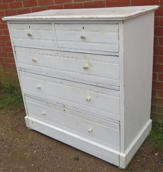 An antique pine chest of two short over three long graduated drawers painted distressed white, on - Image 2 of 3