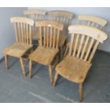 Four antique bleached elm and beech farmhouse kitchen chairs and two similar slatback chairs, on