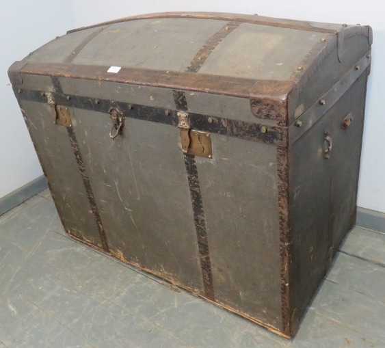 A large antique dome topped metal bound travelling trunk by Moritz Madler of Leipzig, on small brass - Image 2 of 5