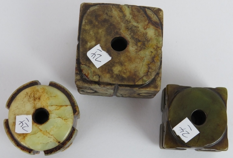 Three Chinese carved Jade Cong of Archaistic form but likely Qing, the celadon, russet and black - Image 3 of 3