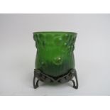 Liberty's English pewter Arts & Crafts butter dish stand. With added Irridescent green glass pot.