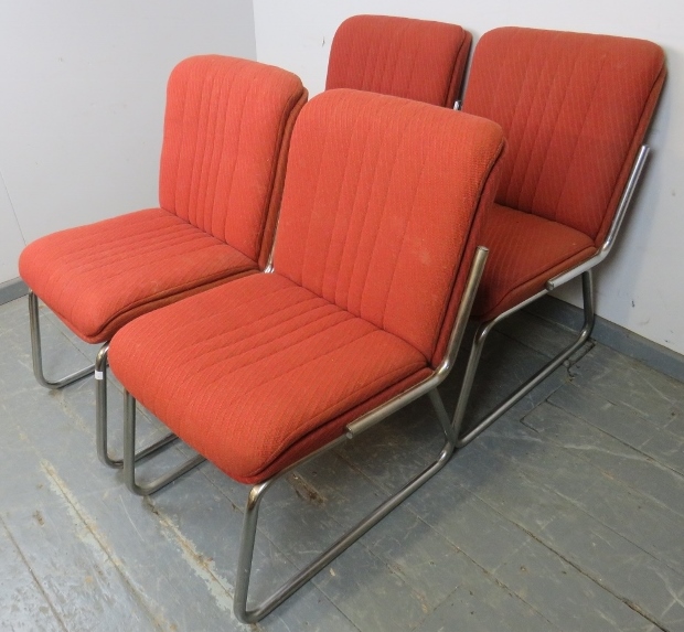 A set of four mid-century chairs, upholstered in burnt orange striped material, on tubular chrome - Image 2 of 2