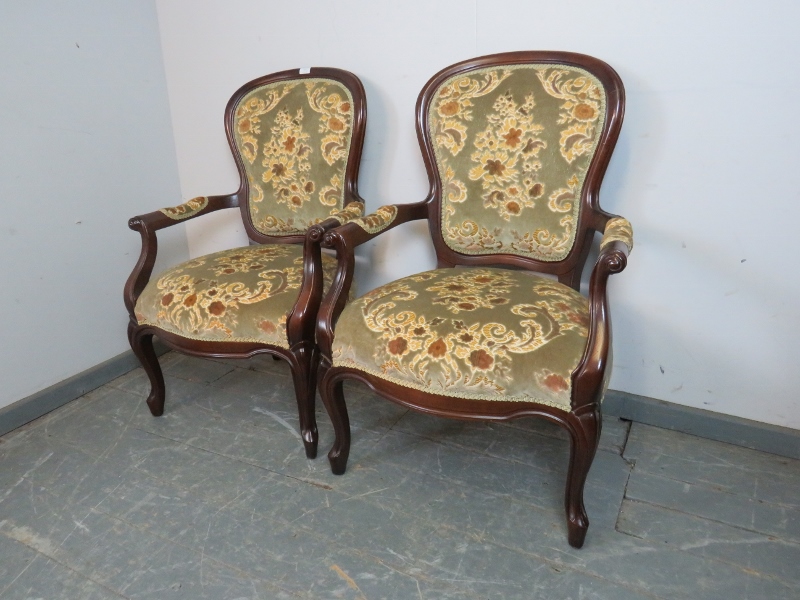 A pair of antique style mahogany open-sided armchairs, upholstered in a textured patterned material, - Image 2 of 3