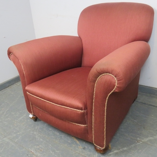 An Edwardian club armchair, re-upholstered in light burgundy material with silver braided rope trim, - Image 2 of 2