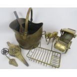 Collection of copper and brassware, coal scuttle, art deco light fitting, bath rack, bellows,