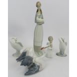 Five pieces of Lladro & Nao porcelain. 11 in (28 cm) tallest height. (5 items). Condition report: