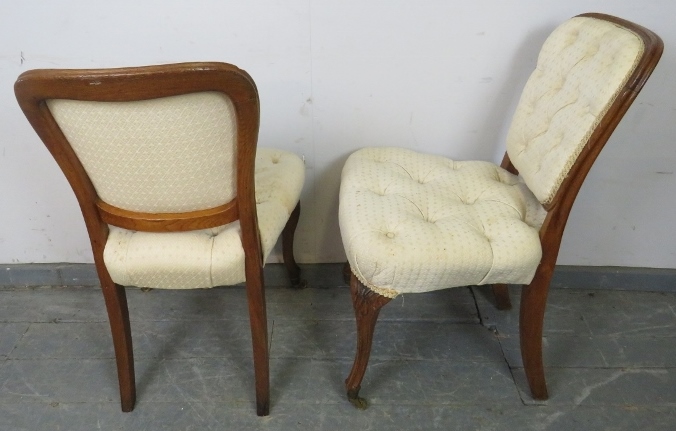 A pair of antique French oak occasional chairs, upholstered in buttoned cream material, on - Image 3 of 3