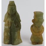 Two Chinese carved celadon and pale celadon striated figures of a Goddess, 8.5cm high, and male