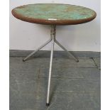 A mid-century circular steel occasional table, painted green, on aluminium tripod supports. H57cm