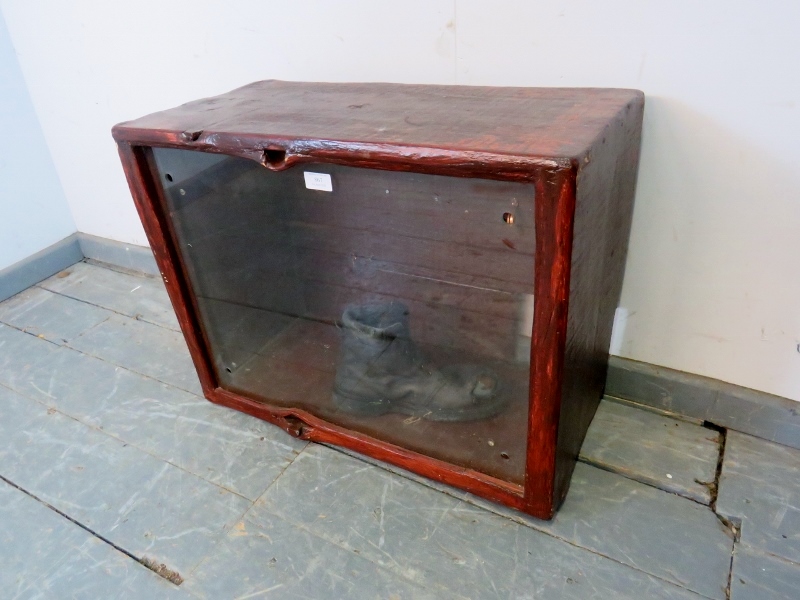 A vintage glazed display cabinet with naturalistic wood surround, currently containing an old - Image 2 of 2