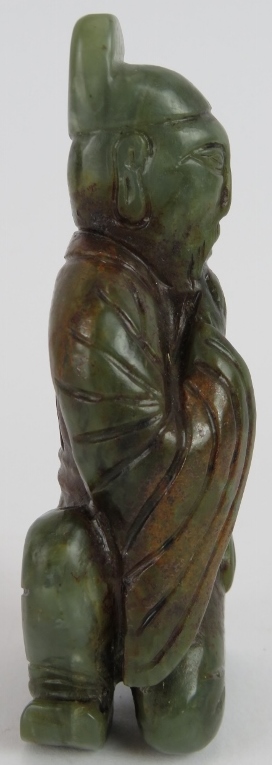 A Chinese carved dark spinach Jade crouching Sage, holding his beard in a ponderous pose, with - Image 3 of 4