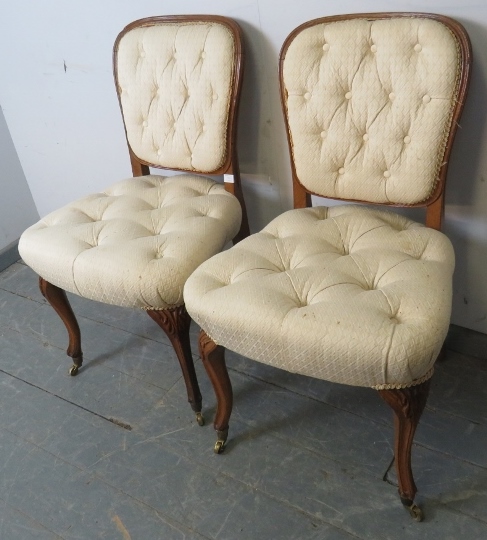 A pair of antique French oak occasional chairs, upholstered in buttoned cream material, on - Image 2 of 3