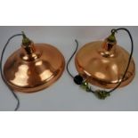 Pair of modern lamp shades copper and painted, ceiling hanging with fittings. 15" diameter x 11"