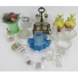 Moulded blue glass lamp shade, moulded glass dishes and bowls, silver plated cruet, pair vases, etc.