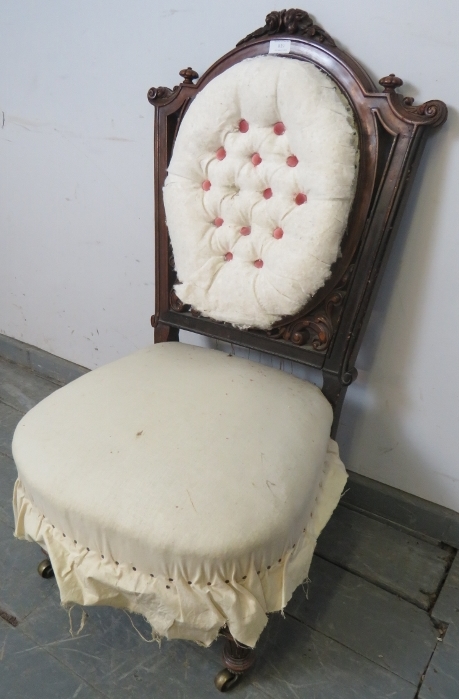 A Victorian mahogany bedroom chair, with fluted bun finials and acanthus carved and pierced back, on - Image 2 of 3