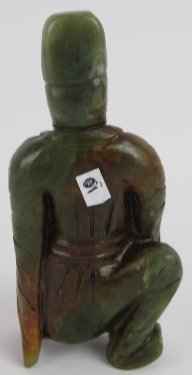A Chinese carved dark spinach Jade crouching Sage, holding his beard in a ponderous pose, with - Image 2 of 4