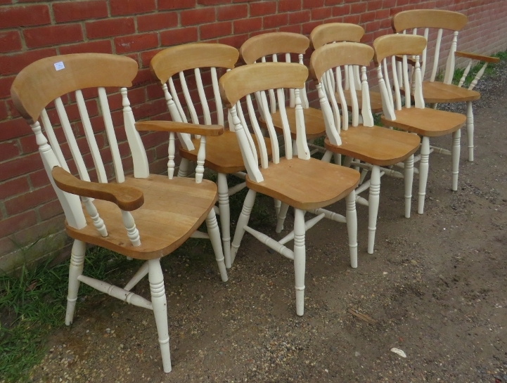 A set of eight (6+2) beech farmhouse kitchen chairs, on turned canted supports with an ‘H’ - Image 2 of 4