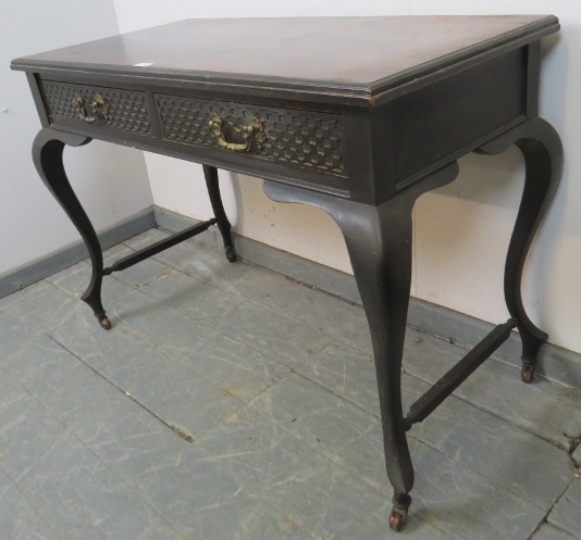 An Edwardian mahogany console table, housing two short drawers with blind fretwork detail and - Image 2 of 3