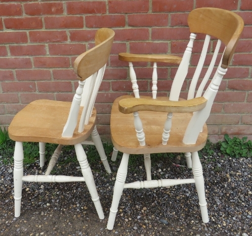 A set of eight (6+2) beech farmhouse kitchen chairs, on turned canted supports with an ‘H’ - Image 3 of 4