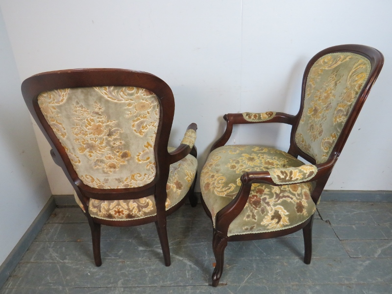 A pair of antique style mahogany open-sided armchairs, upholstered in a textured patterned material, - Image 3 of 3