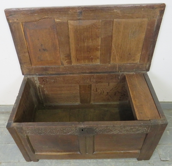 An early 18th century panelled oak coffer of small proportions, with internal candle box and - Image 3 of 4