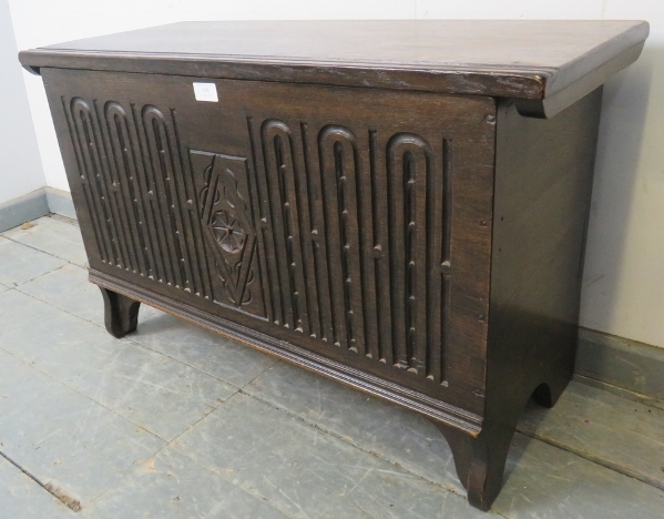 A small vintage oak coffer in a 17th century taste, with diamond carved front, on bracket feet. - Image 2 of 3